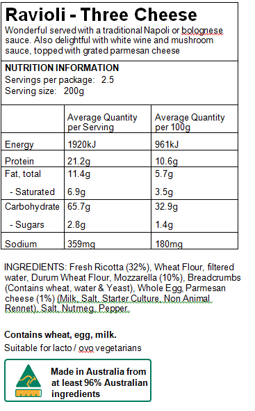 Maria's Pasta Three Cheese ravioli Nutritional Information