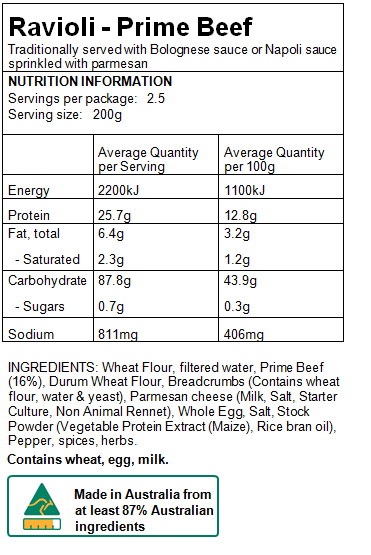 Maria's Pasta Nutritional Information Ravioli Beef
