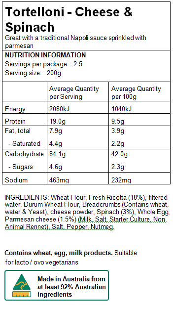 Tortelloni with cheese and spinach Nutritional Panel.