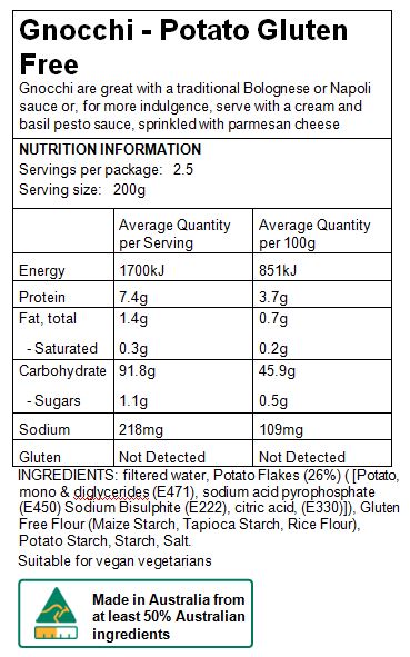 Maria's Pasta Nutritional Information Gluten Free Gnocchi