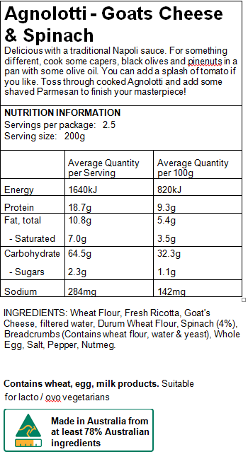 Maria's Pasta Nutritional Information Agnolotti Goats Cheese