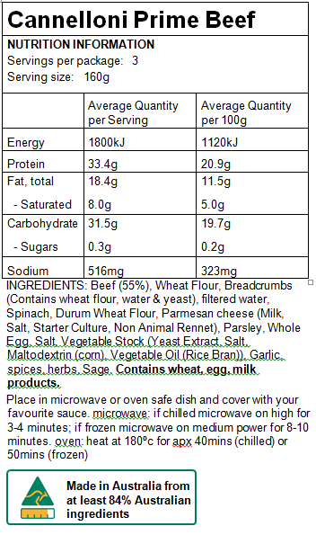 Maria's Pasta Nutritional Information Cannelloni Beef