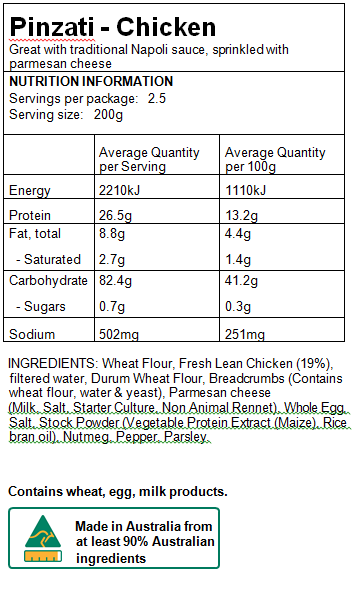 Maria's Pasta Nutritional Information Chicken Pinzati