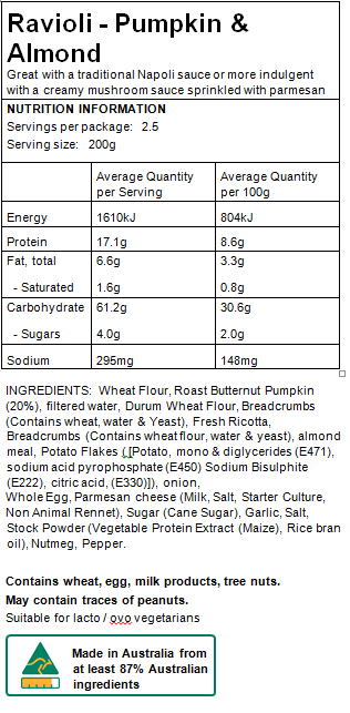 Maria's Pasta Nutritional Information Ravioli Pumpkin and Almond
