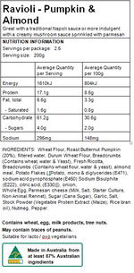Load image into Gallery viewer, Maria&#39;s Pasta Nutritional Information Ravioli Pumpkin and Almond
