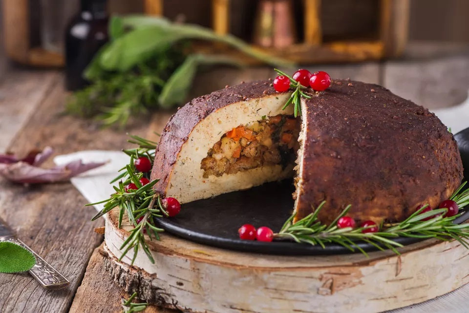 Vegetarian Tofu Turkey page with garnishes